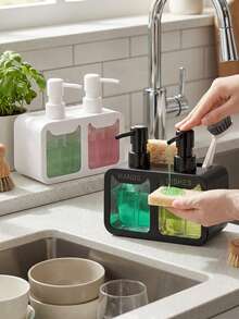 四合一厨房水槽收纳套装 - 双泵皂液器，适用于洗手液/洗洁精，带海绵架和刷架，实用厨房/浴室皂液器，厨房收纳整理，可重复灌装皂液瓶，厨房配件，浴室配件，家居收纳，现代家居装饰，返校季装饰 - 多色 - 查看 4
