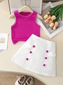 Young Girl Fashion Casual Colorblock Striped Wavy Pattern Sleeveless Round Neck Pullover Top With Elastic Waist Faux Pocket Button Detail Skirt Set, Daily Casual, Weekend Outings, School Wear, Summer Girls Skirt Set - Red and White - View 1