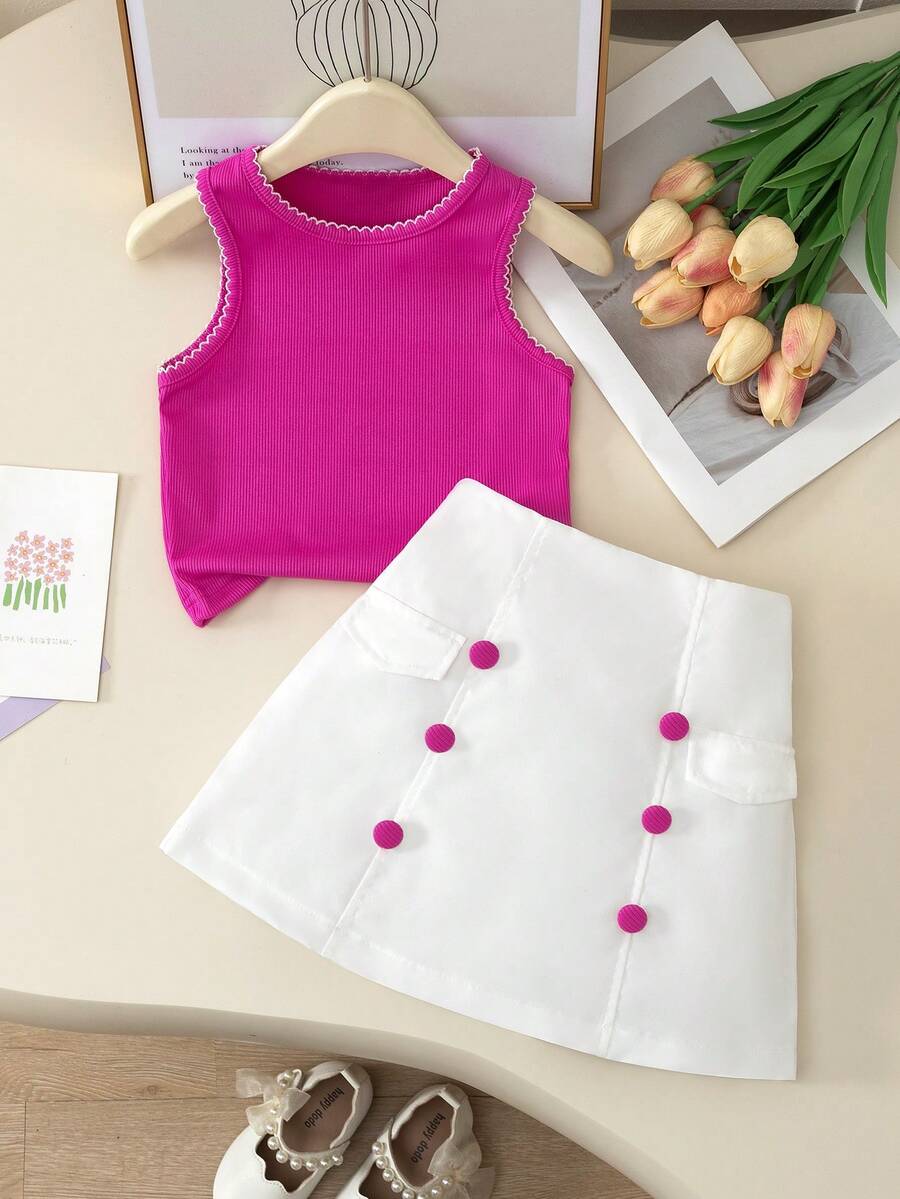 Young Girl Fashion Casual Colorblock Striped Wavy Pattern Sleeveless Round Neck Pullover Top With Elastic Waist Faux Pocket Button Detail Skirt Set, Daily Casual, Weekend Outings, School Wear, Summer Girls Skirt Set - Red and White - View 1