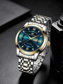 VA VA VOOM 1 Stück elegante Herren Edelstahl Armbanduhr, Uhr mit Strass-Skala Farbverlauf Zifferblatt für Männer, Woche+Kalender Fenster, wunderschöner Stil Herren Uhr, geeignet als Urlaubsgeschenk - Einheitsgröße - Übersicht 4