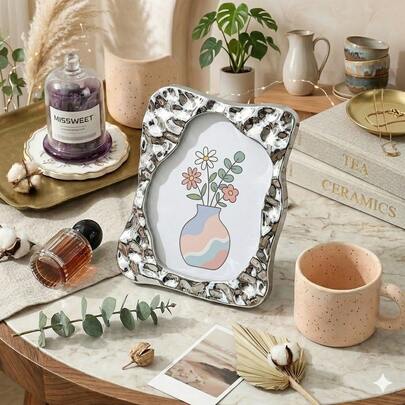 1pc / 7 Inch Wavy Plastic Photo Frame, Minimalist Art Desktop Frame, Tabletop Display Stand, Bedroom Living Room Decor, Mother's Day Gift, Graduation Memento, Gallery Wall Decor, Retro Style, Dream Room Decor, Abstract Art