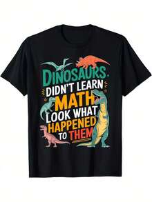Women's Funny Dinosaur Print T-Shirt "Dinosaurs Didn't Learn Math", Soft Black Cotton T-Shirt, Casual Loose Fit - 黑色 - 查看 7