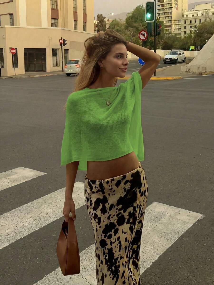 Sylvia 女士夏季纯色镂空蝙蝠袖船领宽松罩衫，轻薄网眼针织面料，防晒百搭，休闲舒适，简约性感，甜美清爽的海滩度假旅行装 - 綠色 - 查看 1