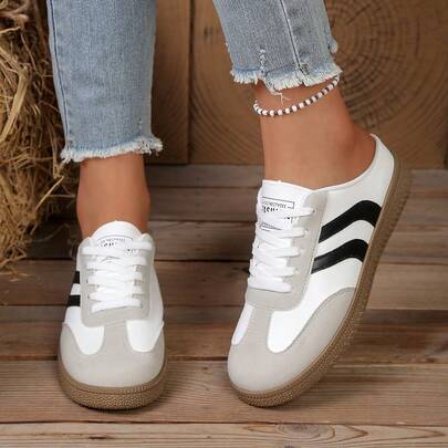 Women's Multifunctional Fashion Casual Sneakers, Flat Non-Slip Lace-Up Round Toe Rubber Sole Casual Shoes In Black And Khaki Color-Block, Suitable For Daily Wear, Shoes, Casual Trainers