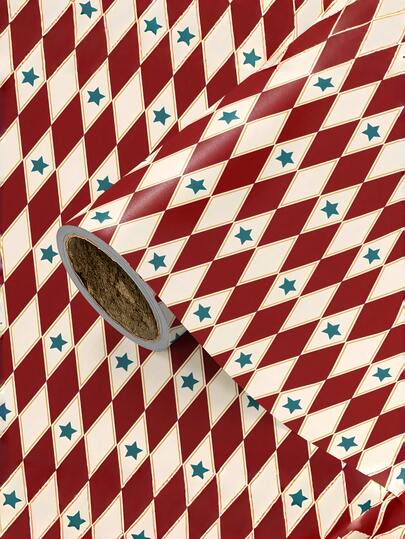 1 Roll Retro Geometric Wrapping Paper | Red & White Rhombus Grid Background With Teal Star Pattern - Ideal For Holiday Gift Wrapping, Circus Theme Party Decor, British Style Gifts, Creating A Classic Ambiance - 43cm * 300cm