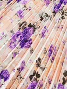 Women's Elegant Floral Print Pleated Waist Ruffle Hem Dress With Knit Cardigan Set, Suitable For Date, Valentine's Day, Casual Holiday Spring Vacation - 紫色 - 查看 5