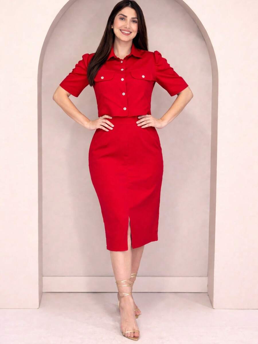 Elegant Women's Midi Set With Pencil Skirt And Structured Princess Blouse. - Red - View 1