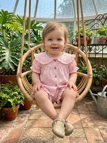 Toddler Baby Girl Summer Outfit Solid Puff Sleeve Doll Collar Button-Up Tops And Ruffled Shorts 2 Piece Set - Pink - View 4