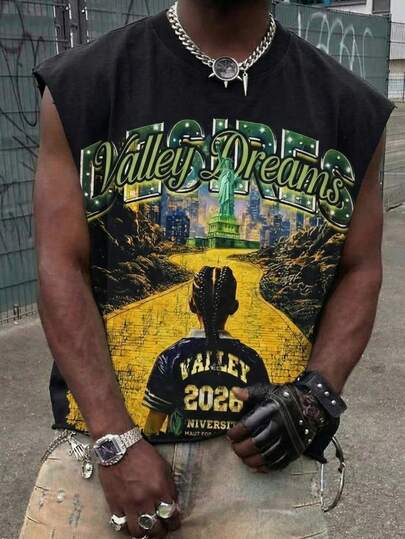 Áo tank top nam dáng rộng không tay, in hai mặt, có in số, hình tượng Nữ thần Tự do và dòng chữ "Made In The East", phong cách đường phố retro Y2K, chất liệu mềm mại và thoáng khí.