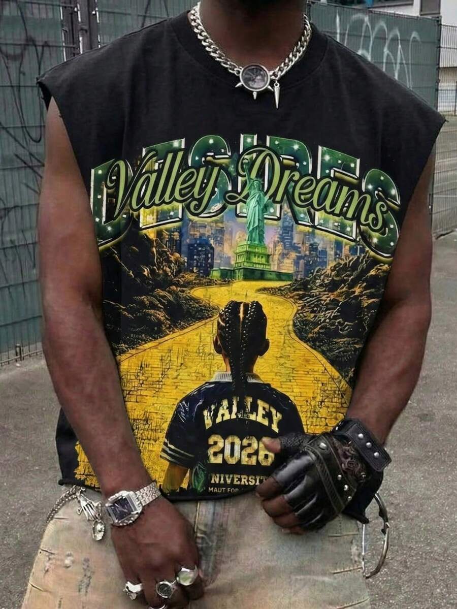 男士宽松无袖背心，双面印花，饰有数字印花、自由女神像图案和“Made In The East”字样，Y2K复古都市街头风格，柔软透气的肌肉背心 - 黑色 - 查看 1