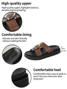 Minimalist Style Wedge Slippers For Women, Metal Buckle Decor, Comfortable Slip-On Sandals Suitable For Summer Outfits - Brown - View 9