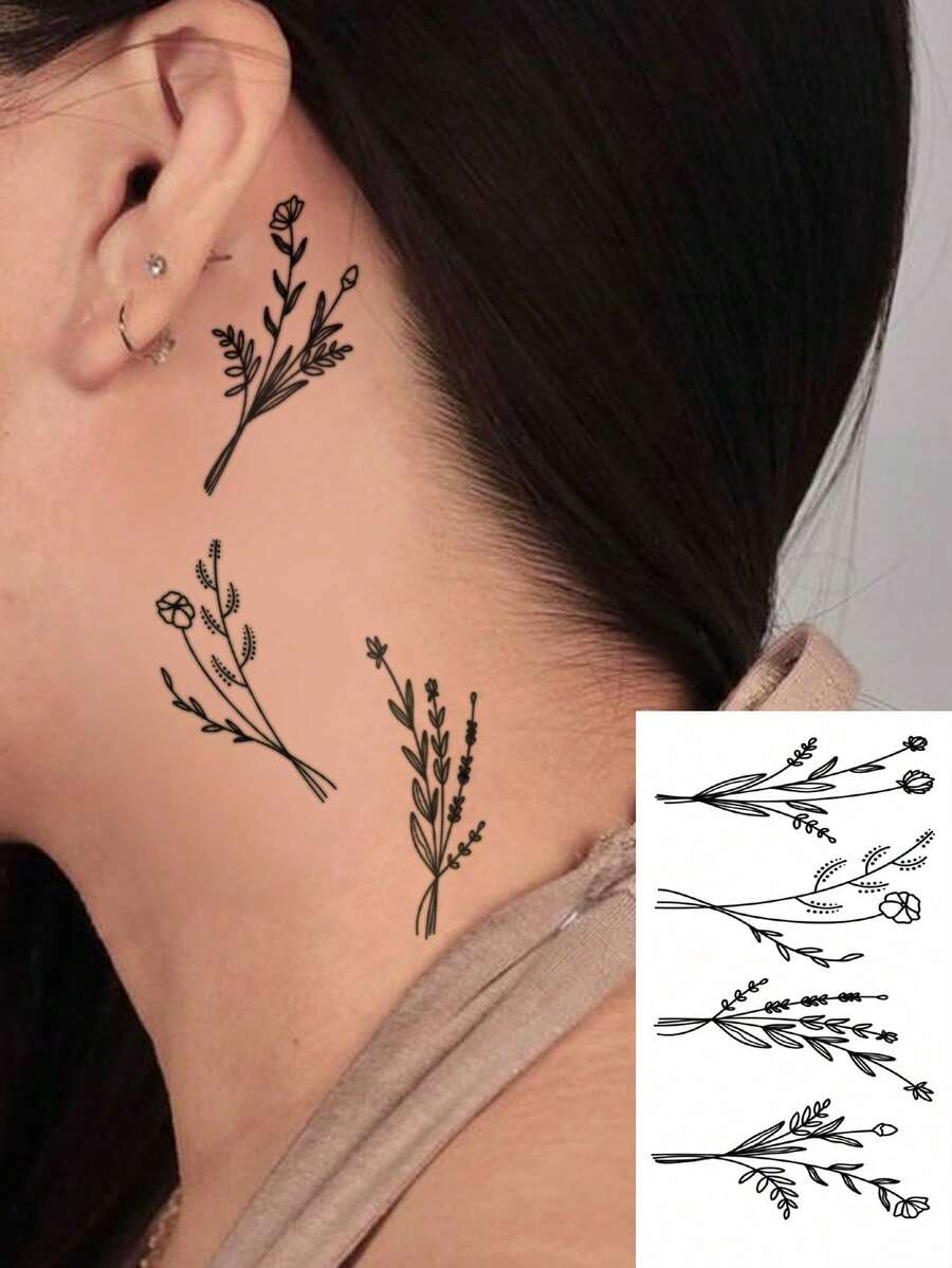 1张小型人体彩绘临时纹身贴纸，男女通用，黑色简约线条可爱花朵图案，防水假纹身，可持续2-5天，可遮盖疤痕，可用于手臂、手腕、肩膀、腿部、腰部、颈部、手部、胸部、大腿、手指等部位，易于使用和去除，适合婚礼、音乐节、派对等场合。 - 黑色 - 查看 1