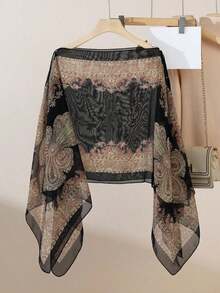 1 Piece Of New Spring/Summer Women's Lightweight Chiffon Vintage Plant Print Fashion Loose Pearl Button Shawl, Scarf, Headscarf, Sun Protection Clothing, Suitable For Travel And Daily Use As A Women's Accessory. - 黑色卡其色 - 查看 4