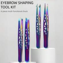 4pcs High Precision Stainless Steel Hollow Tweezers, Eyebrow Grooming Set, Eyebrow Tweezers, Ideal Gift For Thanksgiving - Multicolor - View 4