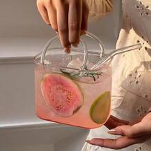 1-2 piezas Taza de vidrio con forma de bolso de gran capacidad de 700ml con asa y pajita, taza de jugo creativa. Hecha de vidrio borosilicato de alta transparencia, vajilla reutilizable. Adecuada para almacenar jugo, bebidas heladas, leche con té, café. Suministros únicos para el hogar y la cocina al aire libre. Adecuado para invierno y verano. Regalo único. - Multicolor - Ver 11