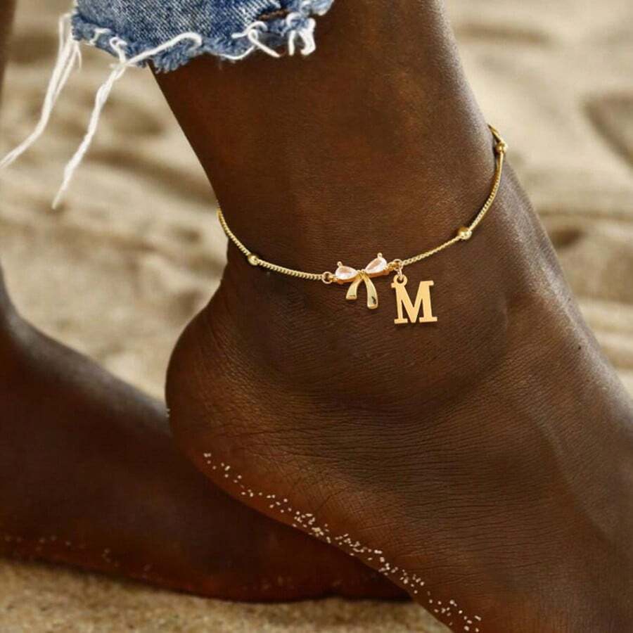 1pc Fashion Bowknot Initial Pendant Golden Stainless Steel Bead Chain Anklets For Women - Yellow Gold - View 1