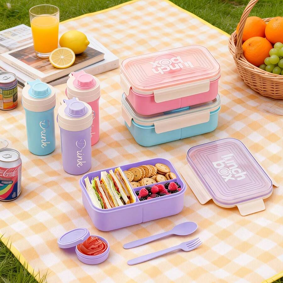 Set Kotak Bekal Portabel dengan Tutup dan Gelas Air, Dilengkapi dengan Kotak Celup Sendok Garpu, Kotak Bekal Aman untuk Microwave. Kotak Bekal Berkapasitas Besar yang Tertutup Rapat dan Anti Bocor, Cocok untuk Acara di Luar Ruangan dan Pertemuan. - MultiWarna - View 1