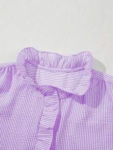 蓝白条纹泡泡袖荷叶领休闲衬衫，夏季 - 紫色 - 查看 6