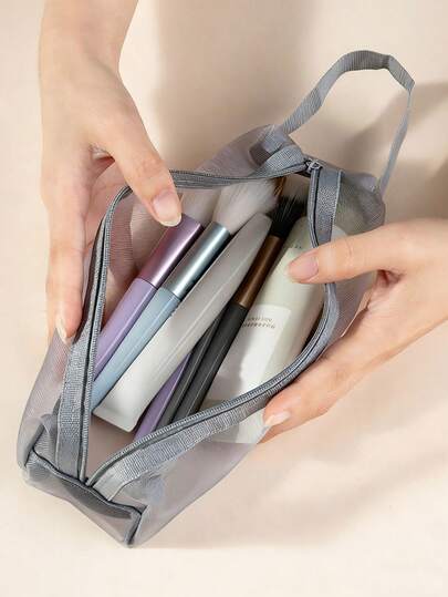 尼龙网眼化妆包 - 便携式旅行化妆品收纳包，透明化妆袋，可收纳化妆刷和口红