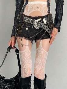 1/2 Pairs Of Flower Vine Suspender Stockings, Women's One-Piece Lace Jacquard Fishnet Stockings - trắng - Xem 1