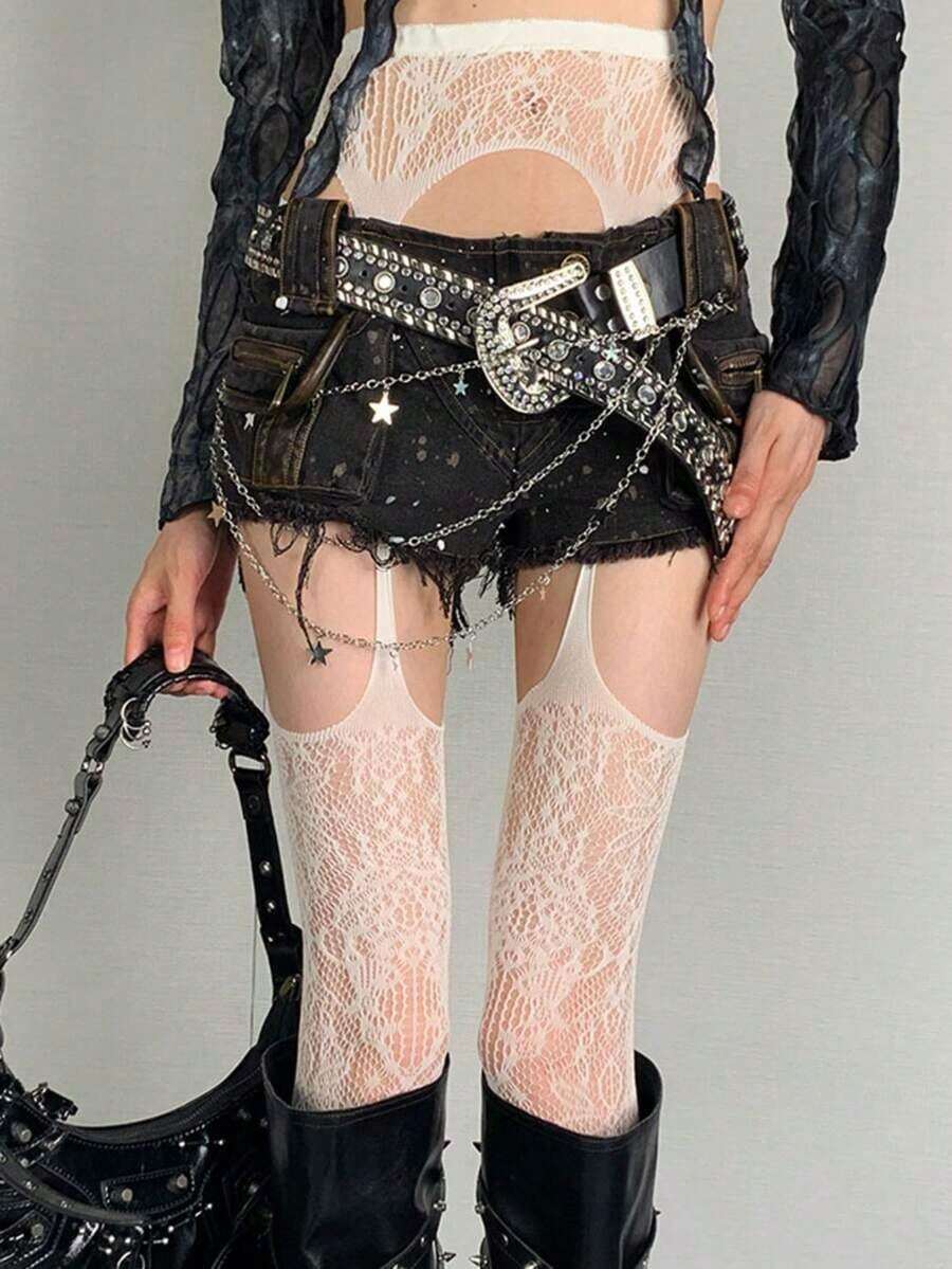 1/2 Pairs Of Flower Vine Suspender Stockings, Women's One-Piece Lace Jacquard Fishnet Stockings - trắng - Xem 1