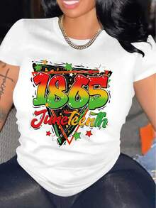Women's Vintage Graphic Crew Neck T-Shirt - White Tee With -1865 Juneteenth- Text In Red, Green, Black - Lightweight Everyday & Independence Day Apparel For Juneteenth Celebrations - Machine Washable Casual Top, Comfortable Fit Shirt - trắng - Xem 6