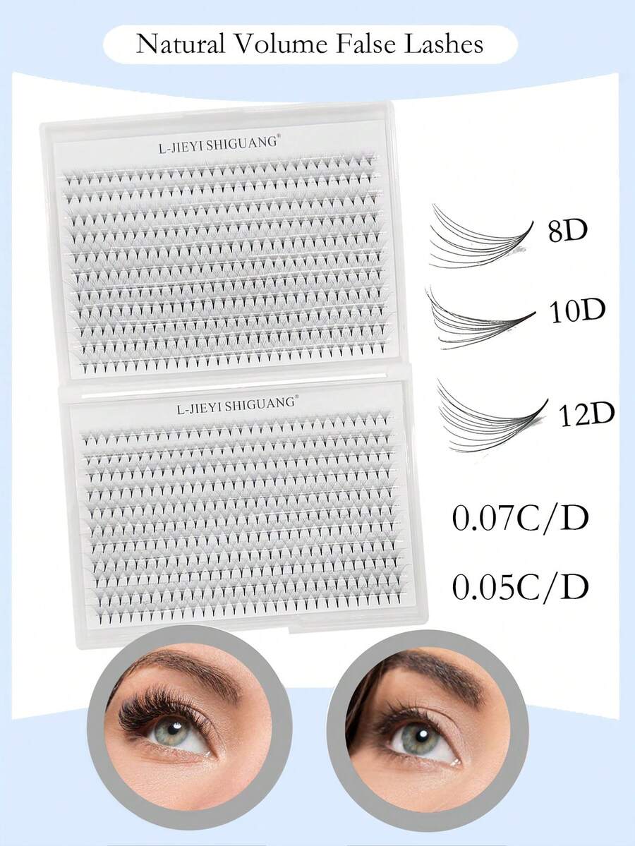 每盒660支，8D/10D/12D，C/D卷度，数量充足，尖头底座，厚度0.05mm/0.07mm，8-15mm/混合长度，纤细尖头预制睫毛簇，自然轻盈，超柔软，适合日常、派对、音乐节等场合。
