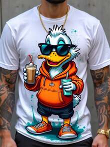 Men'S Casual Duck Graphic T-Shirt| White, Crew Neck, Short Sleeve, Lightweight Fabric With Cool Drinking Design, Perfect For Parties And Outings, Playful And Durable Print, Knit - White - View 4