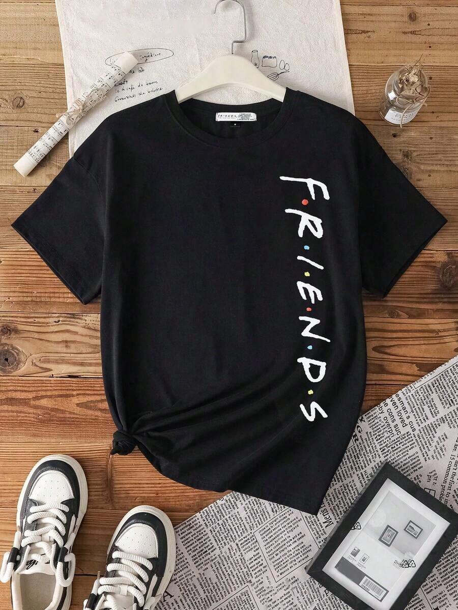 Camiseta casual y suelta de cuello redondo de manga corta para mujer, apta para el verano, camiseta gráfica - Negro - Ver 1