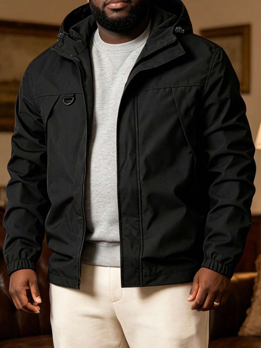Plus Size Men's Casual, Sports, Outdoor Lightweight Zip-Up Hooded Jacket, Spring/Autumn - Black - View 1