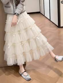 甜美少女风蝴蝶结网纱A字层叠蛋糕裙，2026春夏新款 - 杏色 - 查看 6