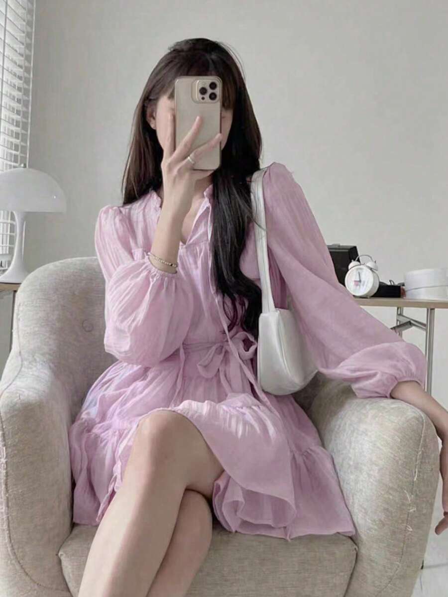 女士休闲纯色荷叶边圆领短裙 - 紫丁香色 - 查看 1