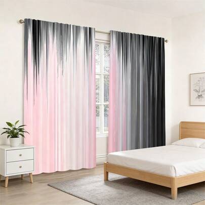 2 Stück Vorhänge mit Farbverlauf-Streifendesign, mit einem Rosa-zu-Schwarz Farbverlauf und einem 2D-Flachdruck, im modernen und minimalistischen Stil, geeignet für Schlafzimmer, Wohnzimmer und kleine Fenster.