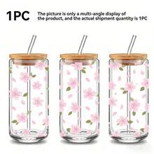 1个/5个装 16盎司樱花玻璃杯，带木盖和吸管，透明樱花冰咖啡杯，日常使用的天然水瓶 - 多色-櫻花 - 查看 8