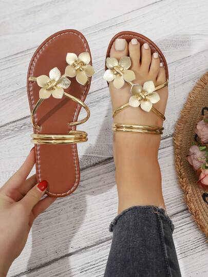 Women's Crossed Floral Decor Flat Slippers, Elegant Bohemian Casual Sexy PU Leather Flower Ladies Flat Sandals, Beach Summer