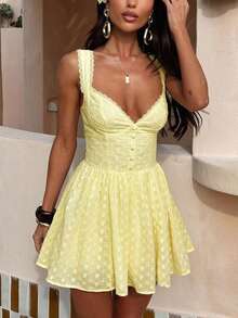 Women's Eyelet Embroidery Bustier Dress Sweetheart Neck Button Front A Line Mini Dress - 黃色 - 查看 2