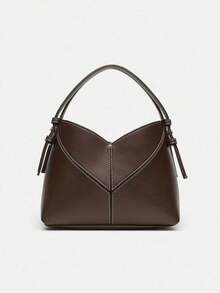 Women Two-Tone Design Mini Canvas Tote Bag, Fashion Shoulder Hand Bucket Bag - Coffee - View 1