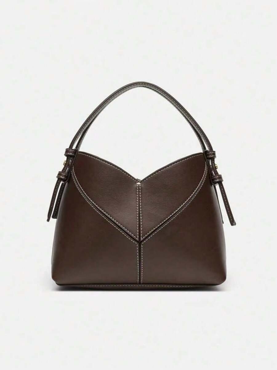 Women Two-Tone Design Mini Canvas Tote Bag, Fashion Shoulder Hand Bucket Bag - Coffee - View 1