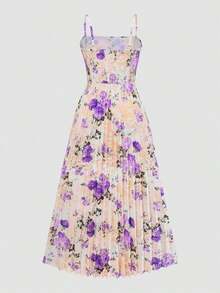 Women's Elegant Floral Print Pleated Waist Ruffle Hem Dress With Knit Cardigan Set, Suitable For Date, Valentine's Day, Casual Holiday Spring Vacation - 紫色 - 查看 8