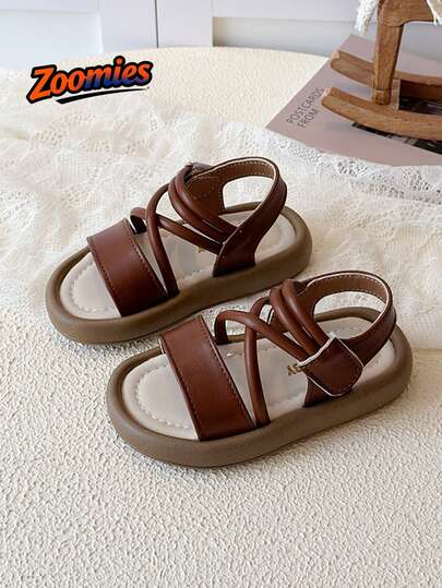 1 Pair Fashion Versatile Girls' Flat Sandals, Quality Leather Upper Breathable, Suitable For 3-12 Years Old Girls In Summer Outdoor, Vacation, Street Wear