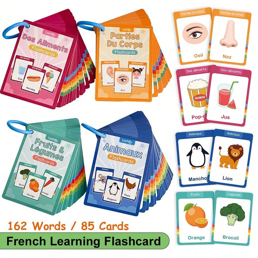 French Learning Flash Cards For Kids, Double-Sided Vocabulary Cards, Early Education Language Learning Toys, 4 Theme Includes Food Animals Body Parts Fruits & Vegetables, Preschool Homeschool French Learning Resources Educational Toys