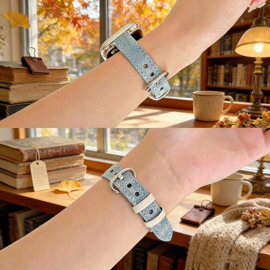 [Dây đeo đồng hồ thời trang] Dây đeo đồng hồ Apple bằng vải denim và kim loại, bền và thời trang, phù hợp với các kích thước 38/40/41/42/44/45/49mm, tương thích với Apple Watch Series 1-8/SE/Ultra, khóa cài màu bạc, unisex, quà tặng cho cặp đôi.