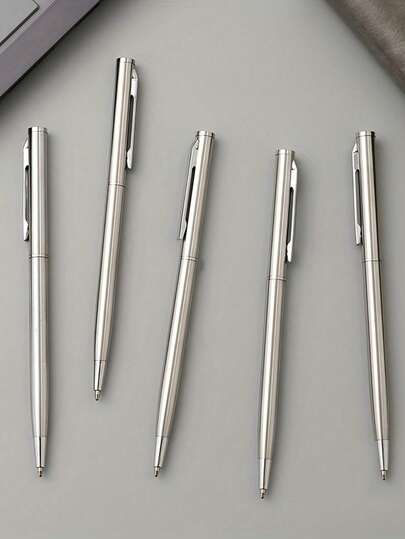 1pc/5pcs Elegant Silver Stainless Steel Ballpoint Pen - , Medium Nib, Rotary Action, Smooth Writing, Suitable For Adults 14 Years And Older | Perfect Choice For Office Use And Gift Wrapping.