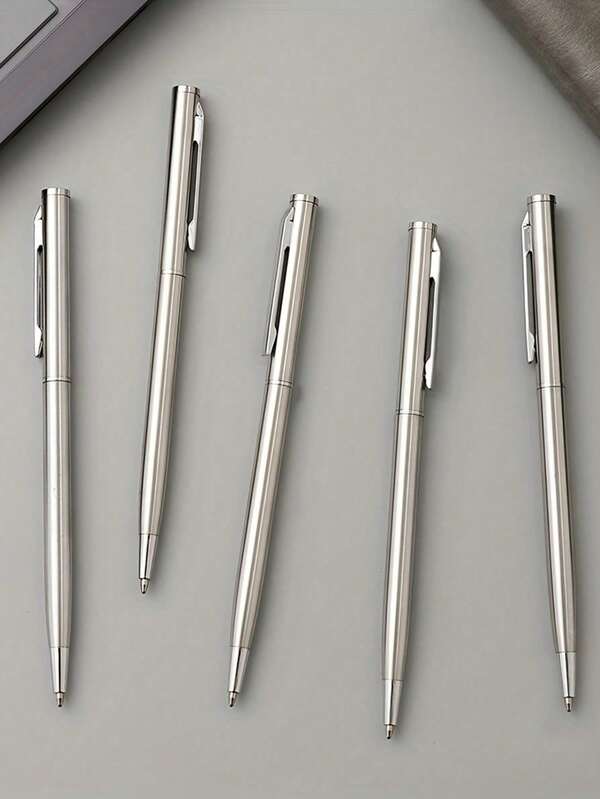 1pc/5pcs Elegant Silver Stainless Steel Ballpoint Pen - , Medium Nib, Rotary Action, Smooth Writing, Suitable For Adults 14 Years And Older | Perfect Choice For Office Use And Gift Wrapping.