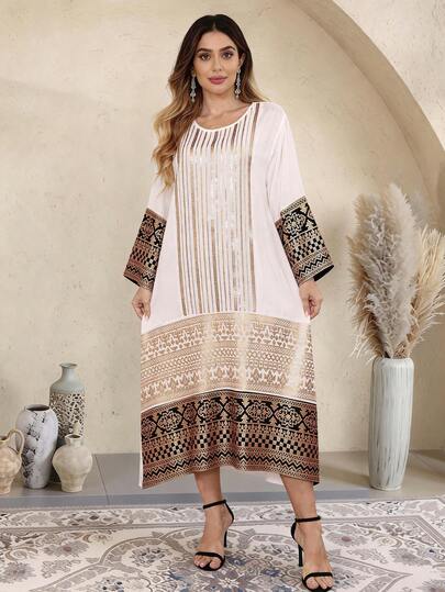 Elegant Gold Beaded Embroidered Arabic Style Dress, JALABIA Patchwork Hem Round Neck Long Sleeve Cuff Splice Fashion Luxury High-End Dress, 2026 Spring/Summer Fashionable Dress