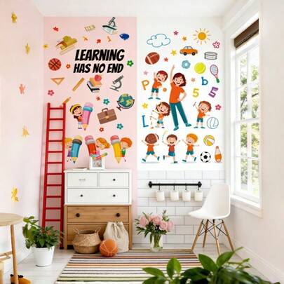 1 miếng dán tường chủ đề học tập, giáo dục giải trí, các yếu tố trường học (sách/bóng rổ/kính hiển vi), khẩu hiệu truyền cảm hứng, tương tác sáng tạo, đầy màu sắc (bảng chữ cái/số 123/hình vẽ nguệch ngoạc), khơi gợi sự sáng tạo, phong cách thể thao năng động, nhận biết các môn thể thao dùng bóng (bóng đá/bóng rổ/bóng chuyền), tương tác giữa cha mẹ và con cái. Tự dính/Có thể tháo rời/Chống thấm nước/Dễ dán, phù hợp cho phòng trẻ em/mẫu giáo/lớp học/phòng học/phòng hoạt động. Trang trí phòng trẻ em, miếng dán tường tự dính, giáo dục sớm, biến đổi tường, miếng dán hoạt hình, miếng dán tường chống thấm nước.
