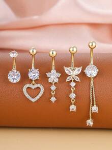 5pcs/Set Gold-Plated Curved Barbell, Belly Button Rings Set, Surgical Stainless Steel Inlaid Glitter Zirconia Heart, Flower, Butterfly Piercing Jewelry For Women, Daily Wear & Holiday Gift - 黃金 - 查看 12