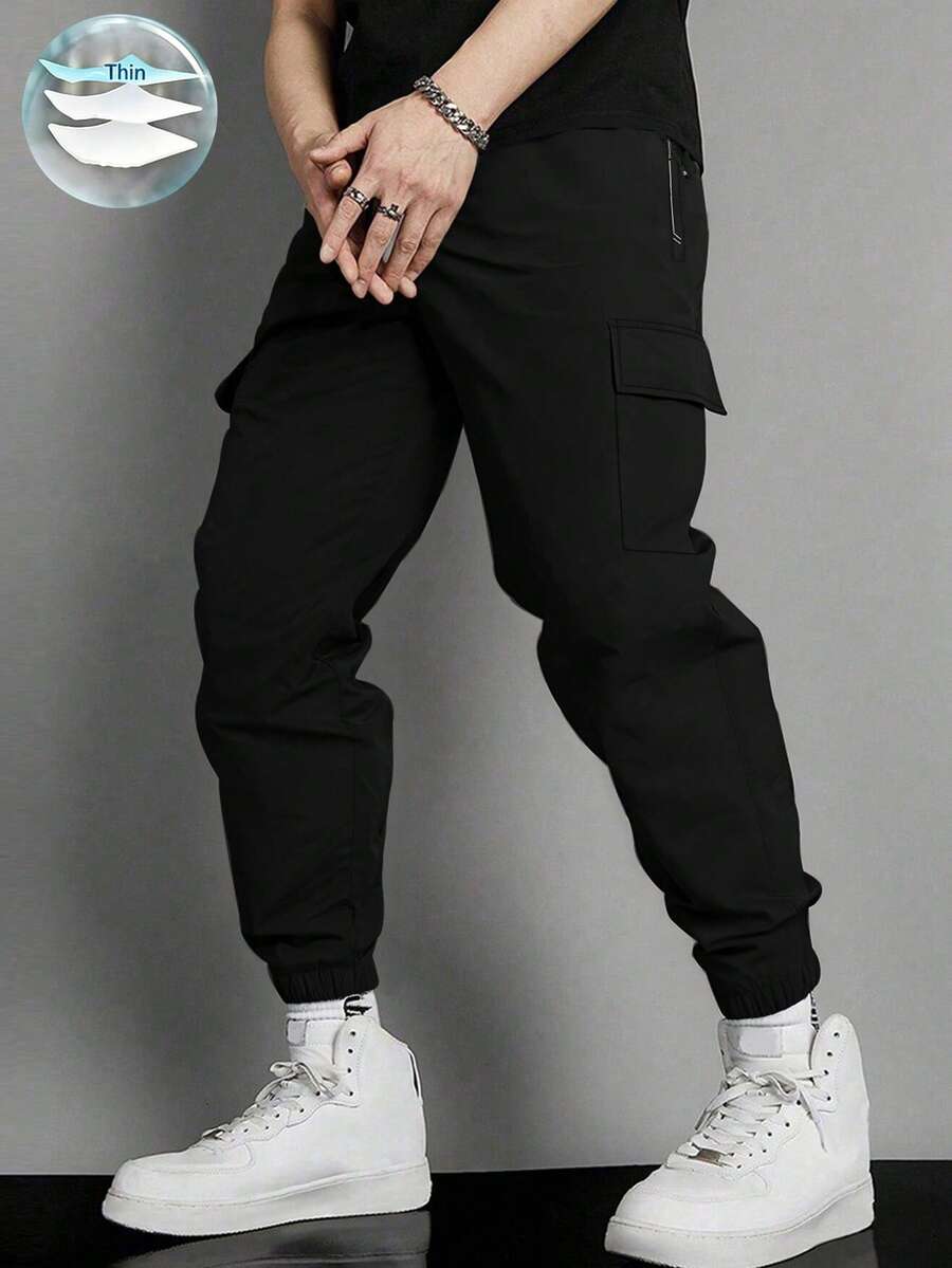1pc Men's Solid Color Casual Loose Sports Pants, Versatile For Running, Outdoor, Hiking, Jogging, Fitness, Suitable For Summer Beach And Commute, Fashionable Drawstring Cropped Trousers Black - Black - View 1