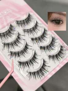 5 Pairs Delicate Crystal Rhinestone Decorated Fairy Cosplay False Eyelashes, Sparkling Starlight Effect, Full Strip Lashes - View 3