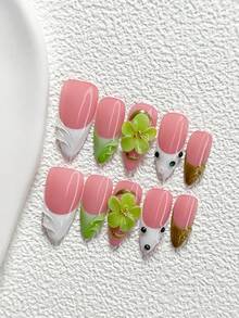 10Pcs Spring Garden Style Handmade Nail Art Set,Unghie Press On,Green Diamond Nail Art Accessories,Hand Pinched Five Petal Flower Nail Art Decorations,Green And Golden Yellow Nail Polish,Fresh And Elegant Style,Comes With Nail Tools(1 Sheets Jelly Stickers+1PC Nail File)3 Sizes Available,Almond Nails, Duck Nails,Coffin Nails,Suitable For Reunion,Daily,Party,Photograph,Play,Spring Summer,Commute Supplies Nails - 彩色 - 查看 3